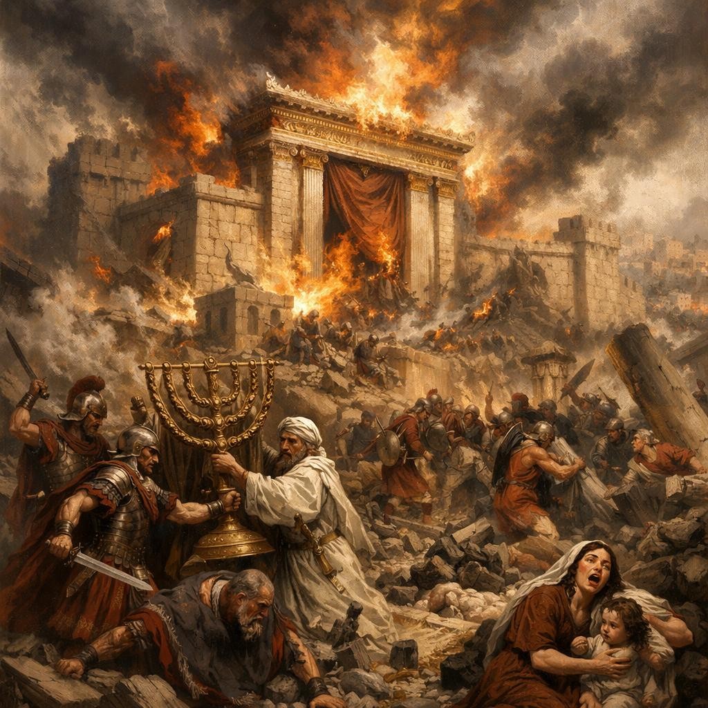 Roman soldiers taking a menorah from a burning ancient temple amidst chaos and rubble