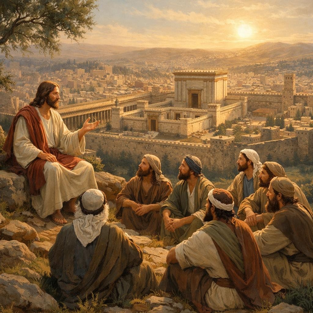Jesus sitting on a rock teaching seven disciples with Jerusalem temple in background